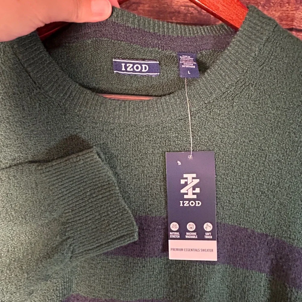 IZOD Mens Premium Essentials Crew Neck Striped Sweater Rain Forest Green Large